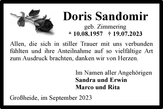 Traueranzeige von Doris Sandomir von Ostfriesischer Kurier