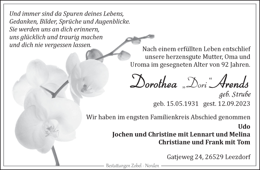  Traueranzeige für Dorothea Arends vom 19.09.2023 aus Ostfriesischer Kurier