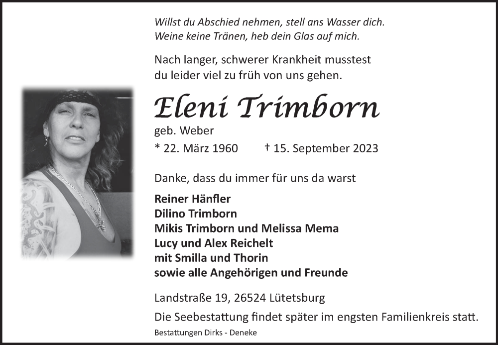  Traueranzeige für Eleni Trimborn vom 23.09.2023 aus Ostfriesischer Kurier