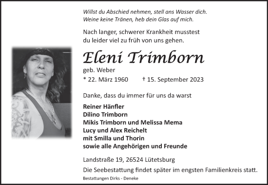 Traueranzeige von Eleni Trimborn von Ostfriesischer Kurier