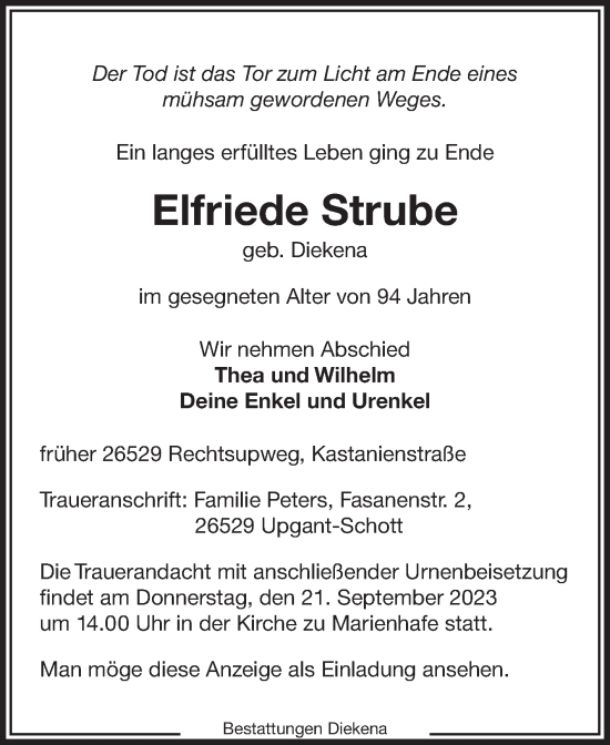 Traueranzeige von Elfriede Strube von Ostfriesischer Kurier