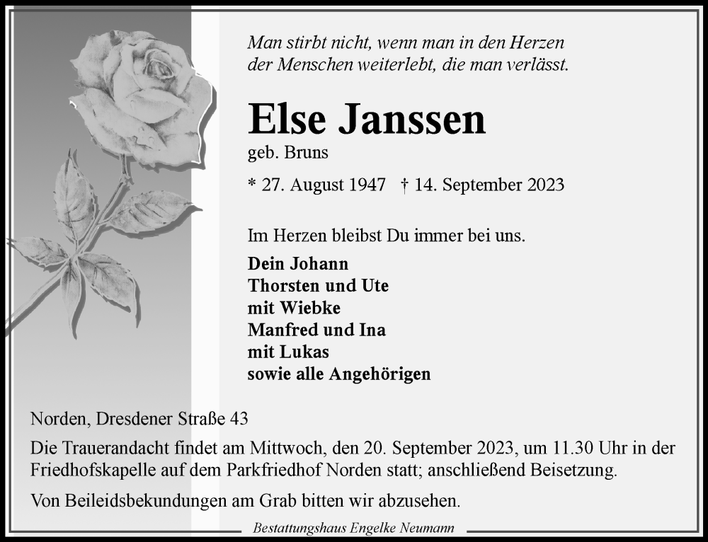  Traueranzeige für Else Janssen vom 16.09.2023 aus Ostfriesischer Kurier