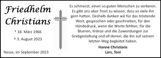 Traueranzeige von Friedhelm Christians von Ostfriesischer Kurier