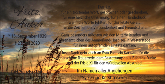 Traueranzeige von Fritz Anker von Ostfriesischer Kurier