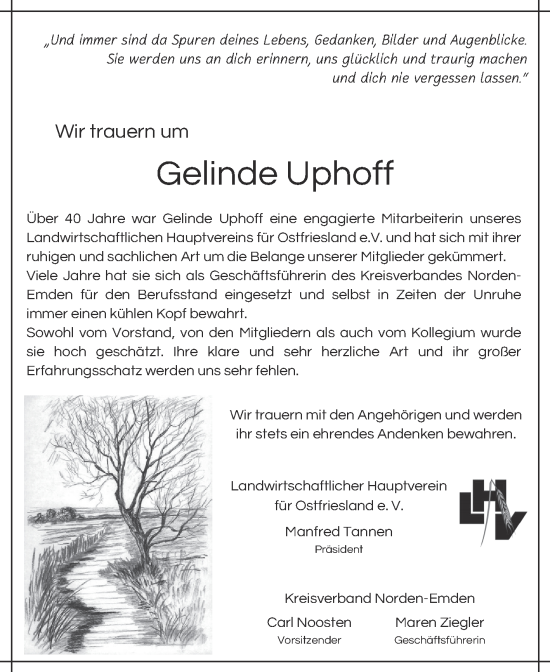 Traueranzeige von Gelinde Uphoff von Ostfriesischer Kurier