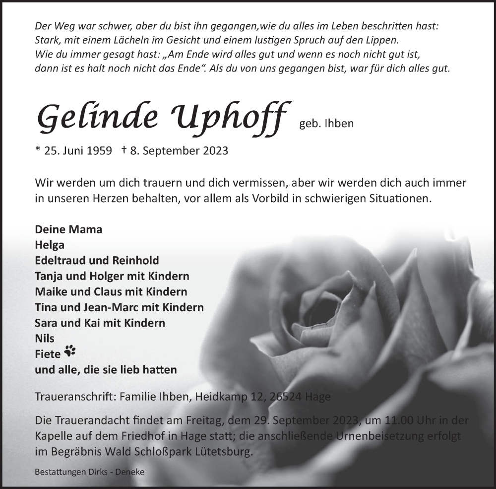  Traueranzeige für Gelinde Uphoff vom 13.09.2023 aus Ostfriesischer Kurier