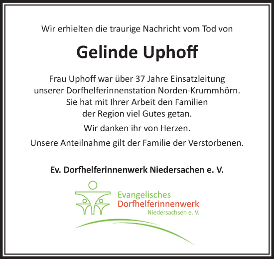 Traueranzeige von Gelinde Uphoff von Ostfriesischer Kurier