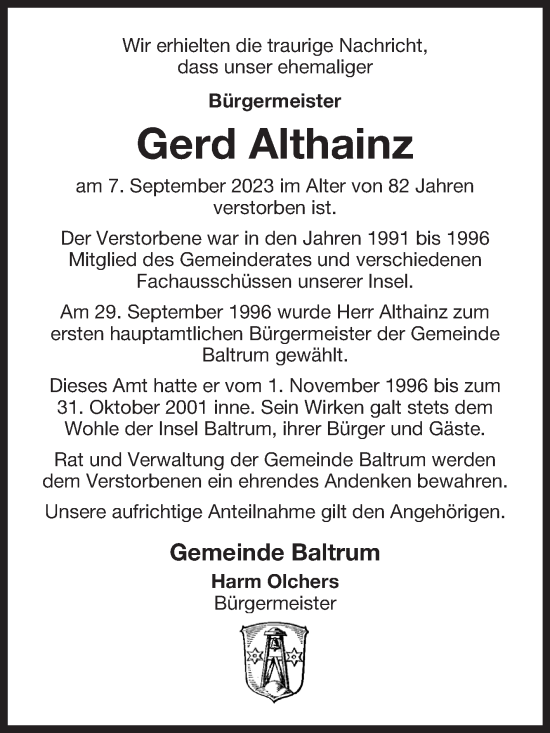Traueranzeige von Gerd Althainz von Ostfriesischer Kurier