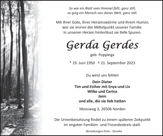 Traueranzeige von Gerda Gerdes von Ostfriesischer Kurier
