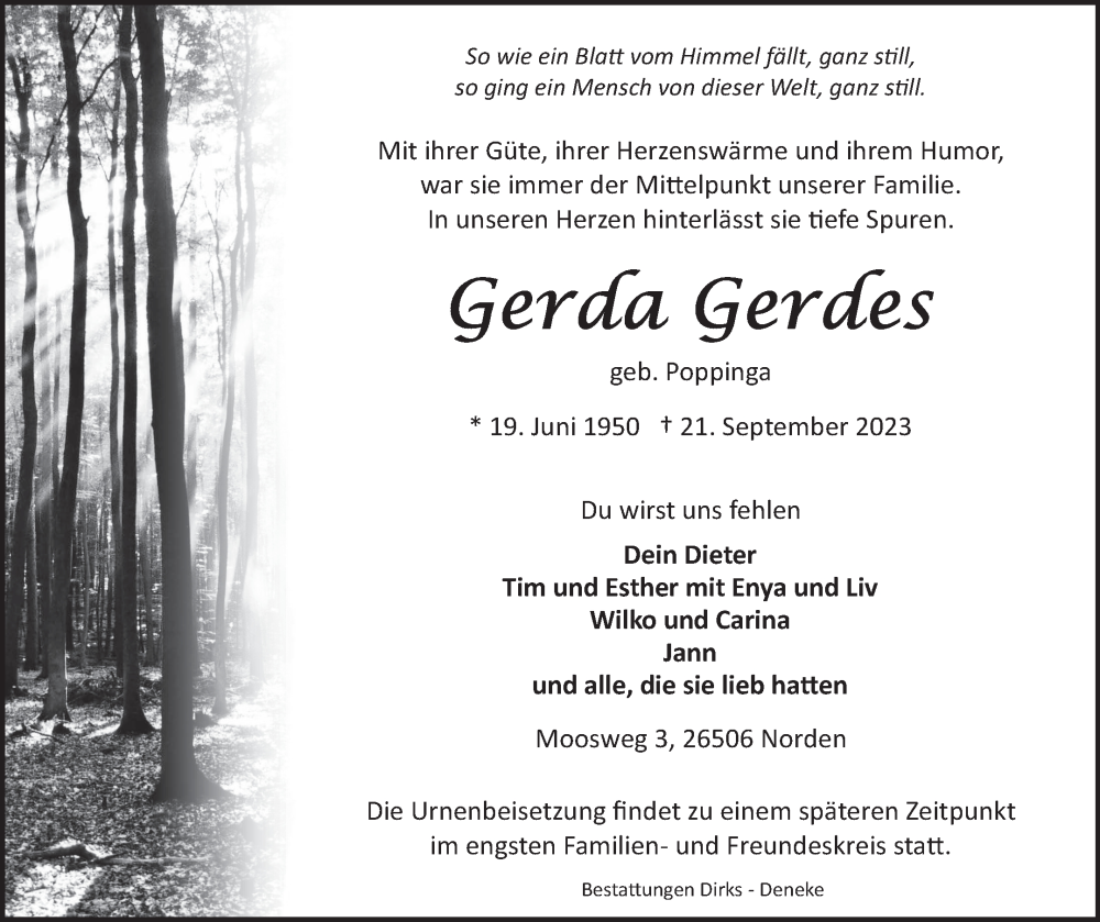  Traueranzeige für Gerda Gerdes vom 30.09.2023 aus Ostfriesischer Kurier