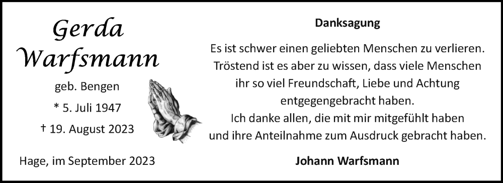  Traueranzeige für Gerda Warfsmann vom 23.09.2023 aus Ostfriesischer Kurier