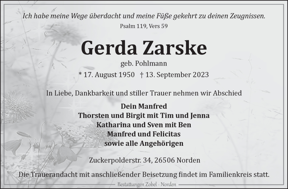  Traueranzeige für Gerda Zarske vom 16.09.2023 aus Ostfriesischer Kurier