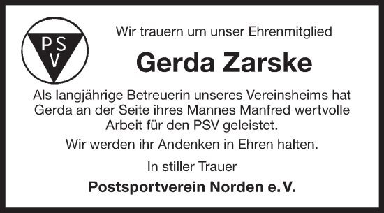 Traueranzeige von Gerda Zarske von Ostfriesischer Kurier