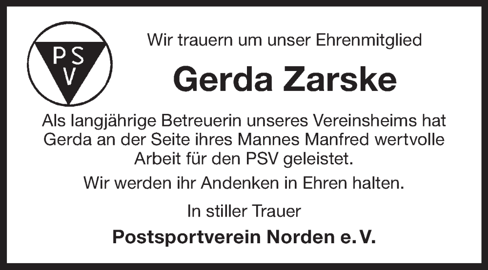  Traueranzeige für Gerda Zarske vom 19.09.2023 aus Ostfriesischer Kurier