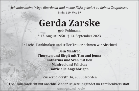 Traueranzeige von Gerda Zarske von Ostfriesischer Kurier