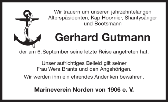 Traueranzeige von Gerhard Gutmann von Ostfriesischer Kurier