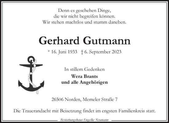 Traueranzeige von Gerhard Gutmann von Ostfriesischer Kurier