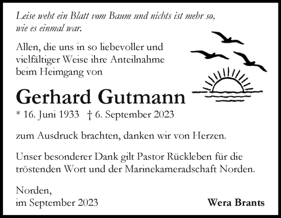 Traueranzeige von Gerhard Gutmann von Ostfriesischer Kurier