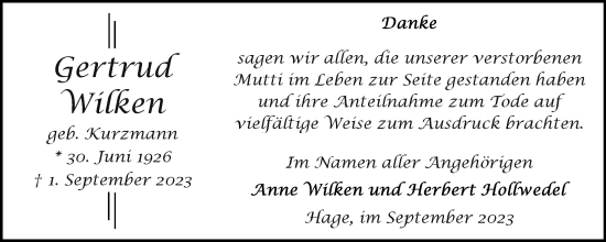 Traueranzeige von Gertrud Wilken von Ostfriesischer Kurier