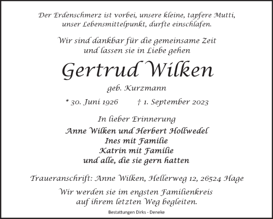 Traueranzeige von Gertrud Wilken von Ostfriesischer Kurier