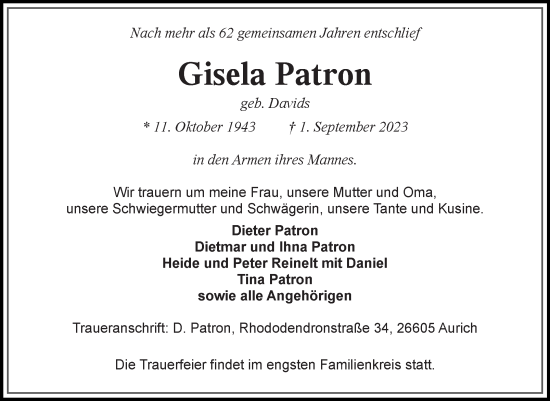 Traueranzeige von Gisela Patron von Ostfriesischer Kurier