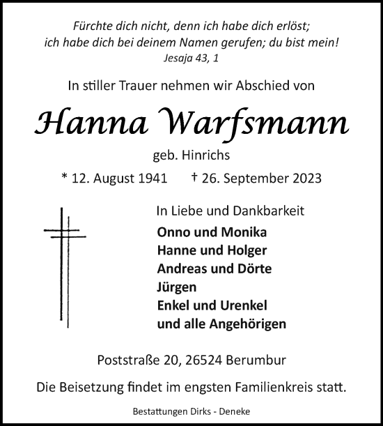Traueranzeige von Hanna Warfsmann von Ostfriesischer Kurier