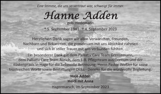 Traueranzeige von Hanne Adden von Ostfriesischer Kurier