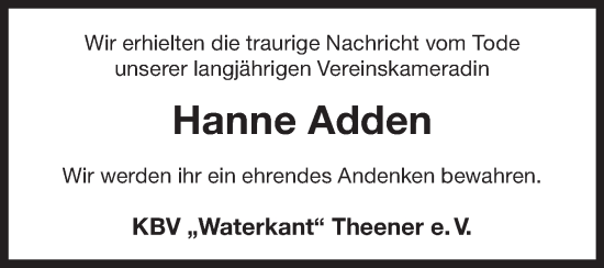 Traueranzeige von Hanne Adden von Ostfriesischer Kurier