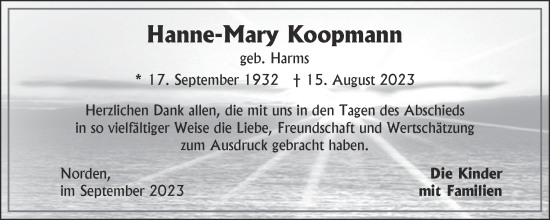 Traueranzeige von Hanne-Mary Koopmann von Ostfriesischer Kurier