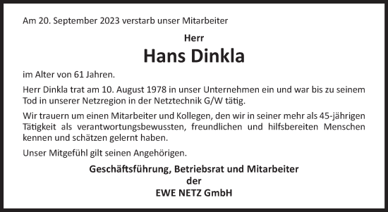 Traueranzeige von Hans Dinkla von Ostfriesischer Kurier