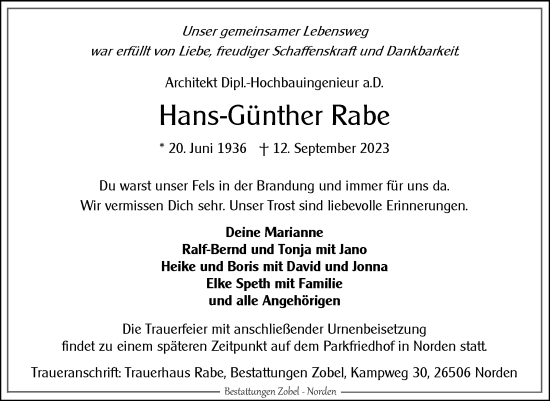 Traueranzeige von Hans-Günther Rabe von Ostfriesischer Kurier