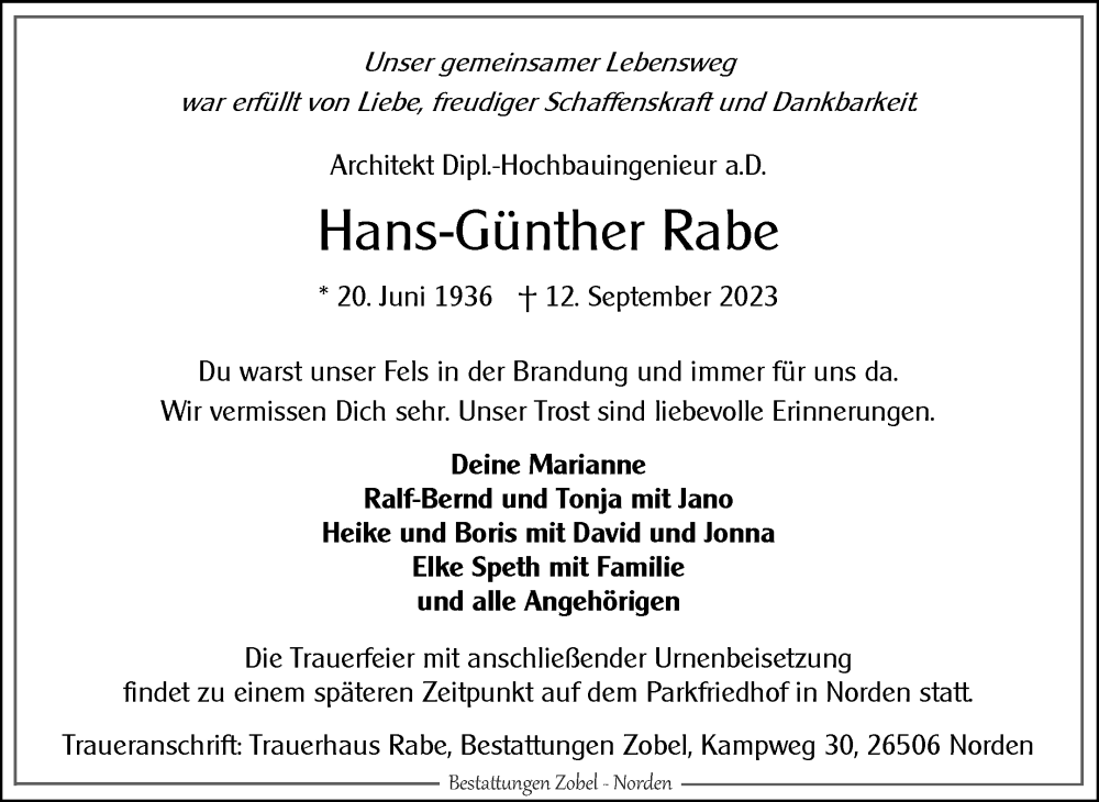 Traueranzeige für Hans-Günther Rabe vom 23.09.2023 aus Ostfriesischer Kurier