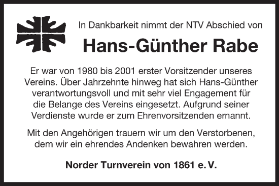 Traueranzeige von Hans-Günther Rabe von Ostfriesischer Kurier