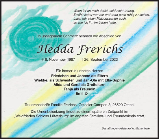 Traueranzeige von Hedda Frerichs von Ostfriesischer Kurier