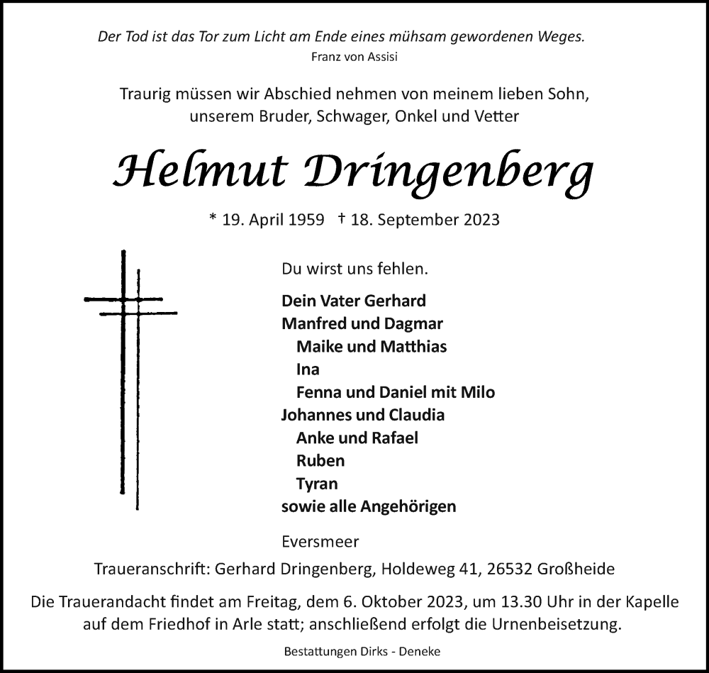  Traueranzeige für Helmut Dringenberg vom 23.09.2023 aus Ostfriesischer Kurier