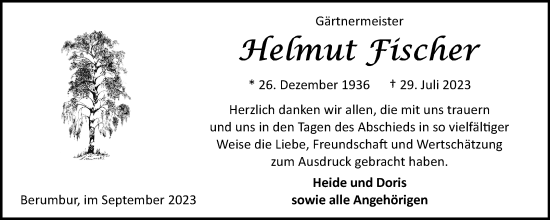 Traueranzeige von Helmut Fischer von Ostfriesischer Kurier
