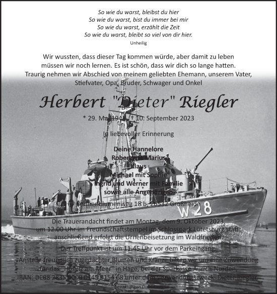 Traueranzeige von Herbert Riegler von Ostfriesischer Kurier