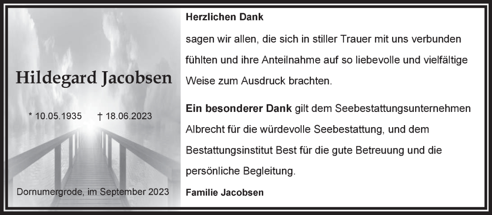  Traueranzeige für Hildegard  Jacobsen vom 02.09.2023 aus Ostfriesischer Kurier