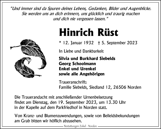 Traueranzeige von Hinrich Rüst von Ostfriesischer Kurier