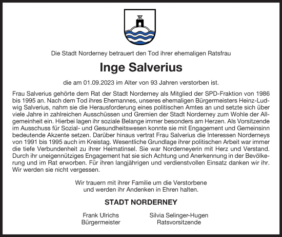 Traueranzeige von Inge Salverius von Ostfriesischer Kurier