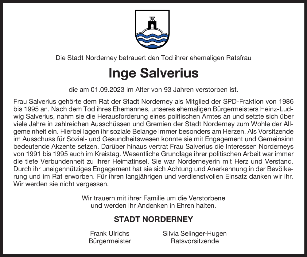 Traueranzeige für Inge Salverius vom 18.09.2023 aus Ostfriesischer Kurier
