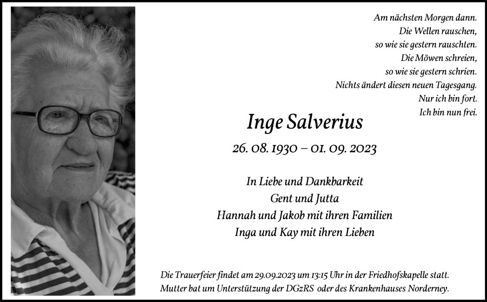  Traueranzeige für Inge Salverius vom 16.09.2023 aus Ostfriesischer Kurier