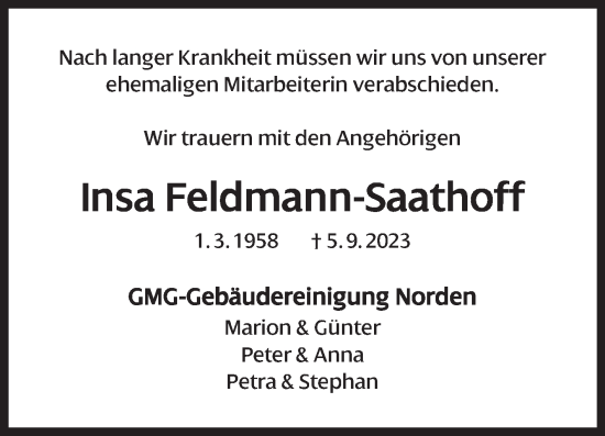 Traueranzeige von Insa Feldmann-Saathoff von Ostfriesischer Kurier