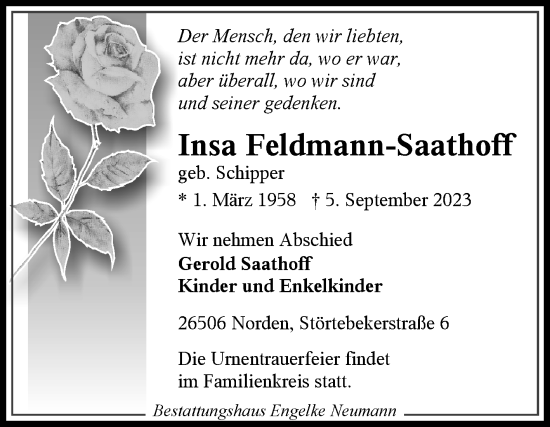 Traueranzeige von Insa Feldmann-Saathoff von Ostfriesischer Kurier