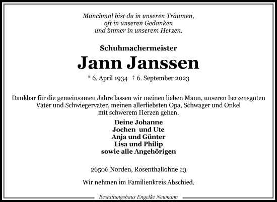 Traueranzeige von Jann Janssen von Ostfriesischer Kurier