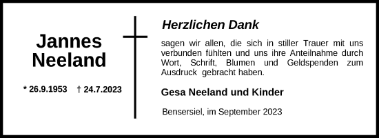 Traueranzeige von Jannes Neeland von Ostfriesischer Kurier