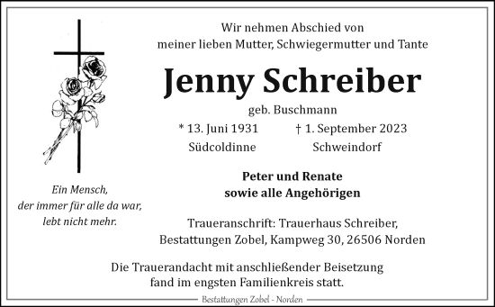 Traueranzeige von Jenny Schreiber von Ostfriesischer Kurier