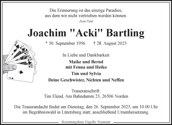 Traueranzeige von Joachim Bartling von Ostfriesischer Kurier
