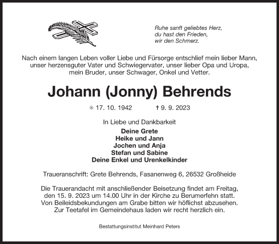 Traueranzeige von Johann Behrends von Ostfriesischer Kurier