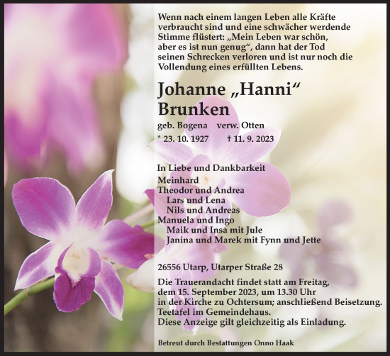 Traueranzeige von Johanne Brunken von Ostfriesischer Kurier